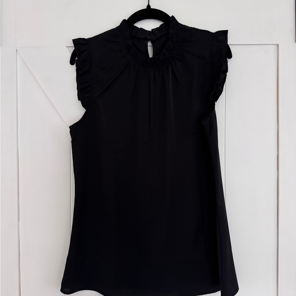Sleeveless Ruffle Neck Black Top